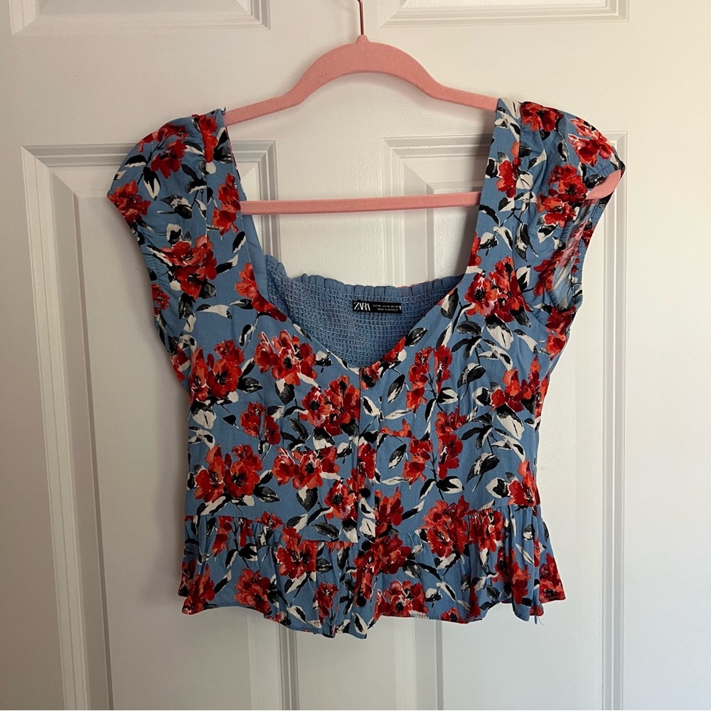 Zara Blue and Red Floral Crop Top